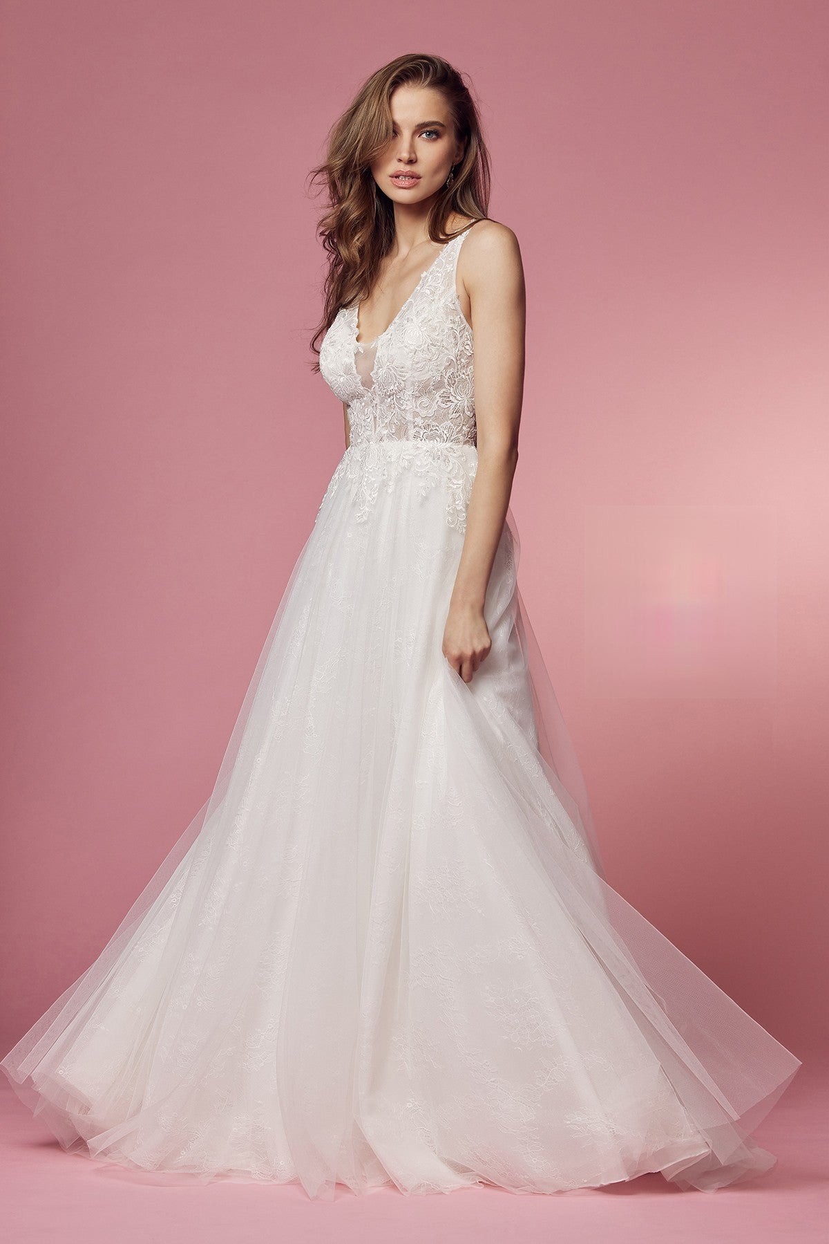 Illusion V-Neck Tulle Skirt A-Line Long Wedding Dress NXJE920-Wedding Dress-smcfashion.com