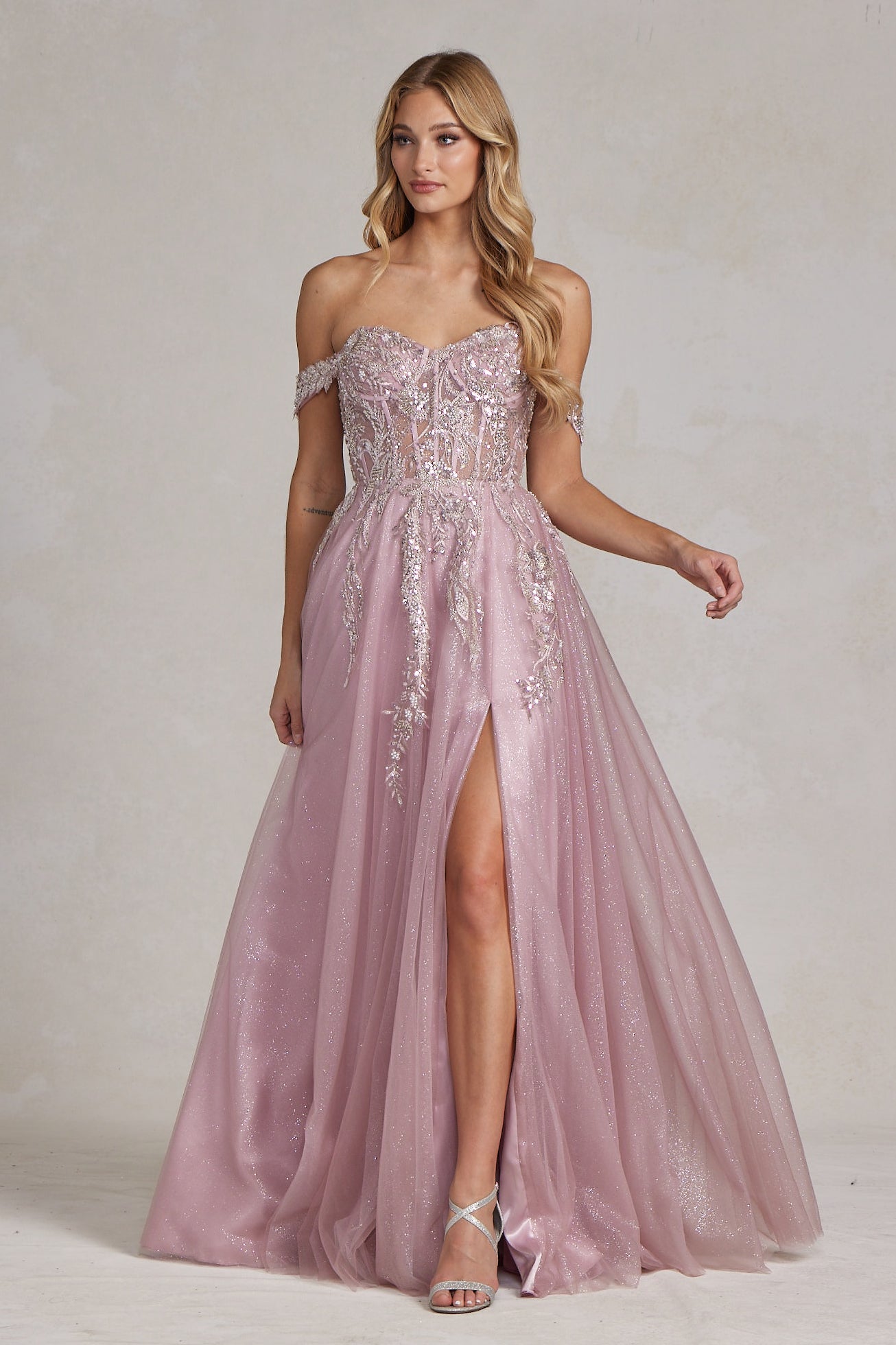 Off Shoulder Side Slit A-Line Tulle Skirt Long Prom Dress NXE1128-Prom Dress-smcfashion.com