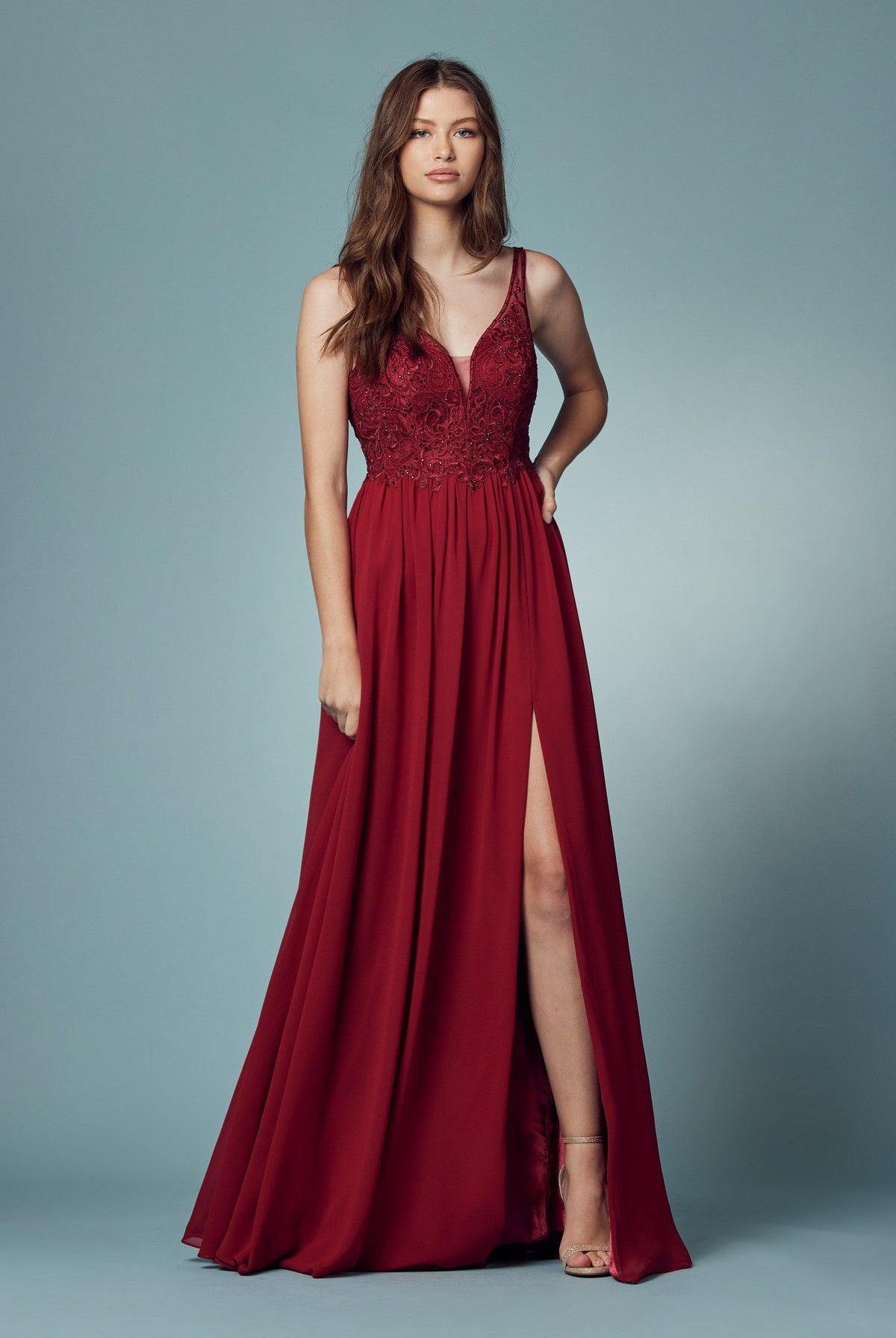 Embroidered Bodice Illusion V-Neck Side Slit Long Bridesmaid Dress NXY299-Bridesmaid Dress-smcfashion.com