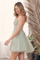 Plunging V-Neck Spaghetti Straps Embroidered Bodice Short Cocktail Dress NXG785-Cocktail Dress-smcfashion.com