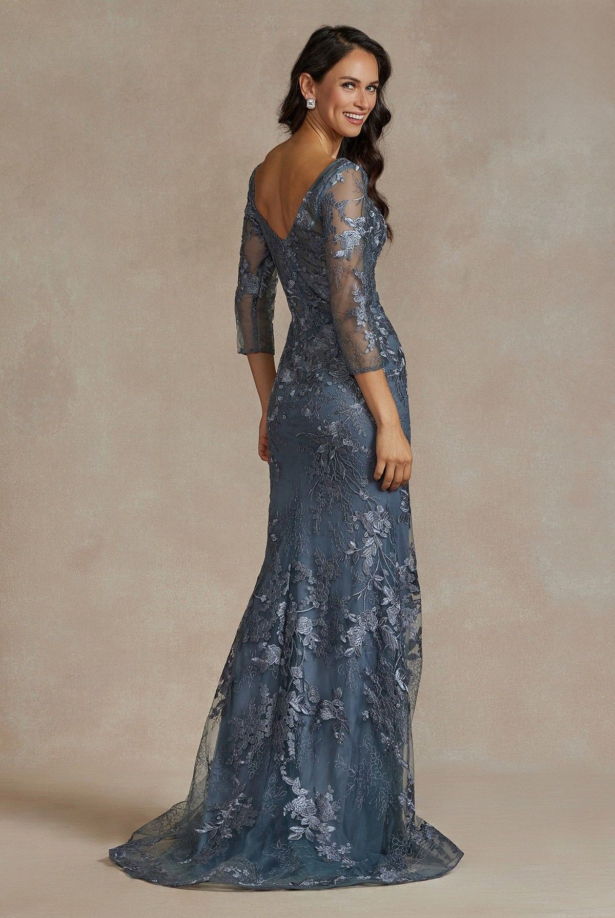 Sheer 3/4 Sleeves Embroidered Lace V-Neck Long Mother of the Bride Dress NXJQ503-Mother of the Bride Dress-smcfashion.com