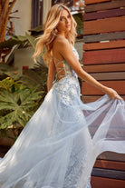 Embroidered Lace Illusion V-Neck Tulle Skirt Long Prom Dress NXF485-All Dresses-smcfashion.com