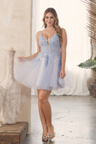 Plunging V-Neck Spaghetti Straps Embroidered Bodice Short Cocktail Dress NXG785-Cocktail Dress-smcfashion.com