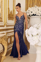 Embroidered Flowers Open Criss Cross Back Illusion V-Neck Long Evening Dress NXE1206-Prom Dress-smcfashion.com