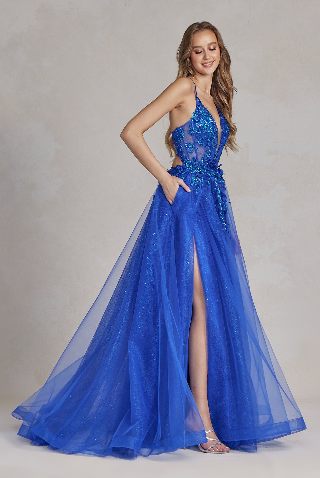 Tulle Skirt Embroidered Lace Open Criss Cross Back Long Prom Dress NXC1113-Prom Dress-smcfashion.com