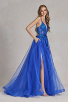 Tulle Skirt Embroidered Lace Open Criss Cross Back Long Prom Dress NXC1113-Prom Dress-smcfashion.com