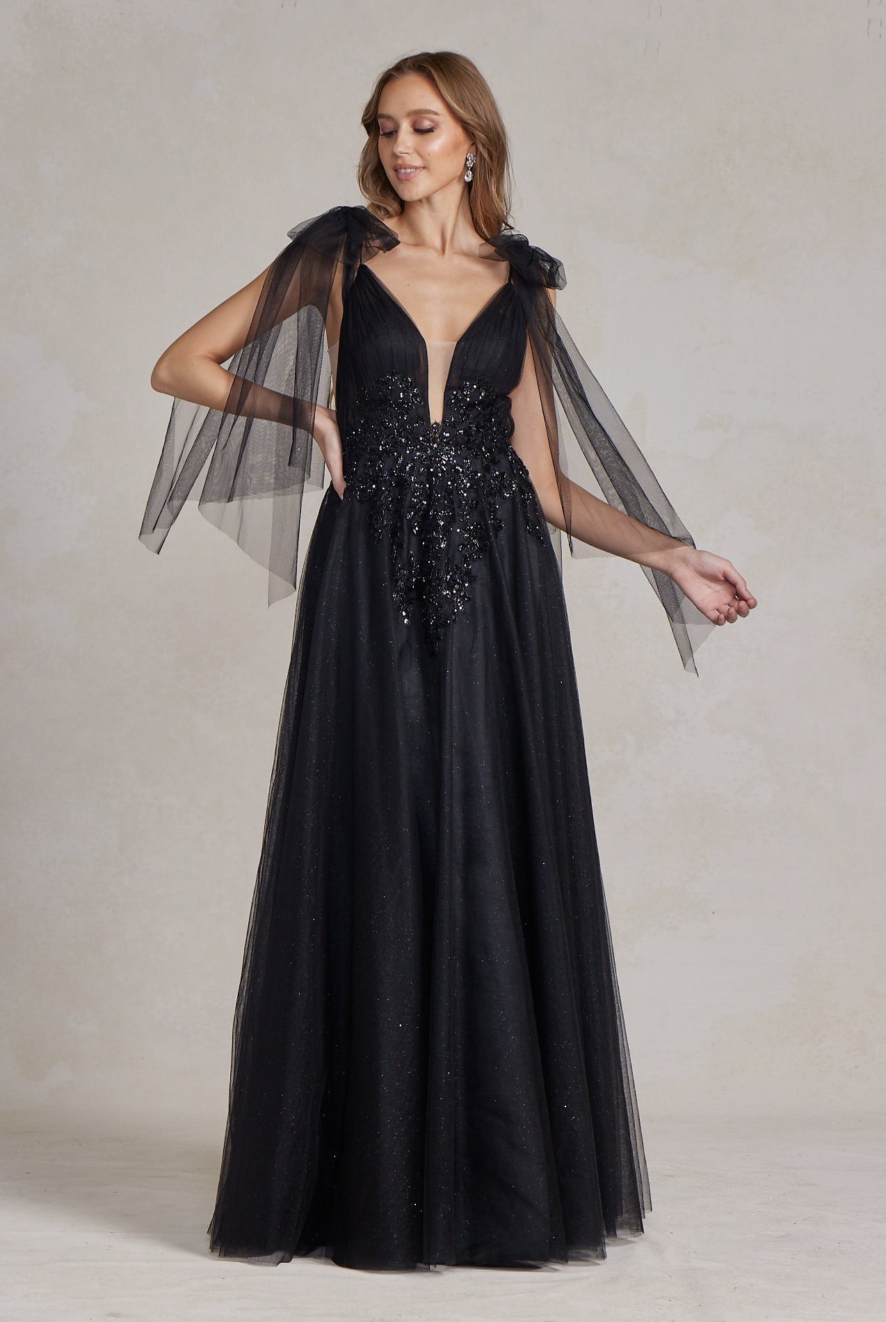 Tulle Skirt Deep Illusion V-Neck Embroidered Lace Long Prom Dress NXE1075-Prom Dress-smcfashion.com