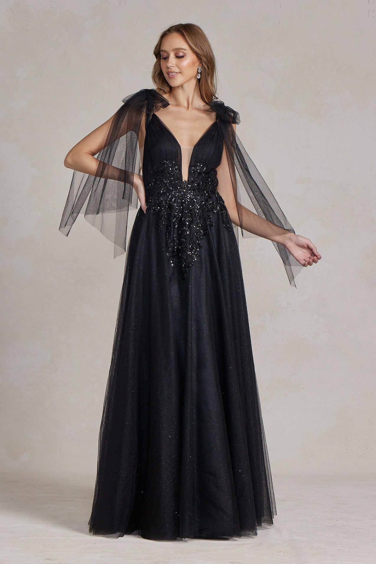 Tulle Skirt Deep Illusion V-Neck Embroidered Lace Long Prom Dress NXE1075-Prom Dress-smcfashion.com