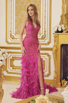 Embellished Feather Skirt V-Neck Open V-Back Side Slit Long Prom Dress NXC1119-Prom Dress-smcfashion.com