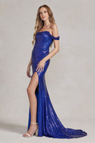 Off Shoulder Embroidered Sequins Open Back Long Prom Dress NXR1203-Prom Dress-smcfashion.com