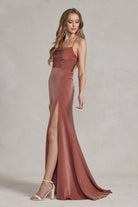 Side Slit Cowl Neck Satin Open Criss Cross Back Long Evening Dress NXE1068-Prom Dress-smcfashion.com