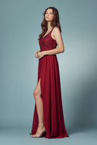 Embroidered Bodice Illusion V-Neck Side Slit Long Bridesmaid Dress NXY299-Bridesmaid Dress-smcfashion.com