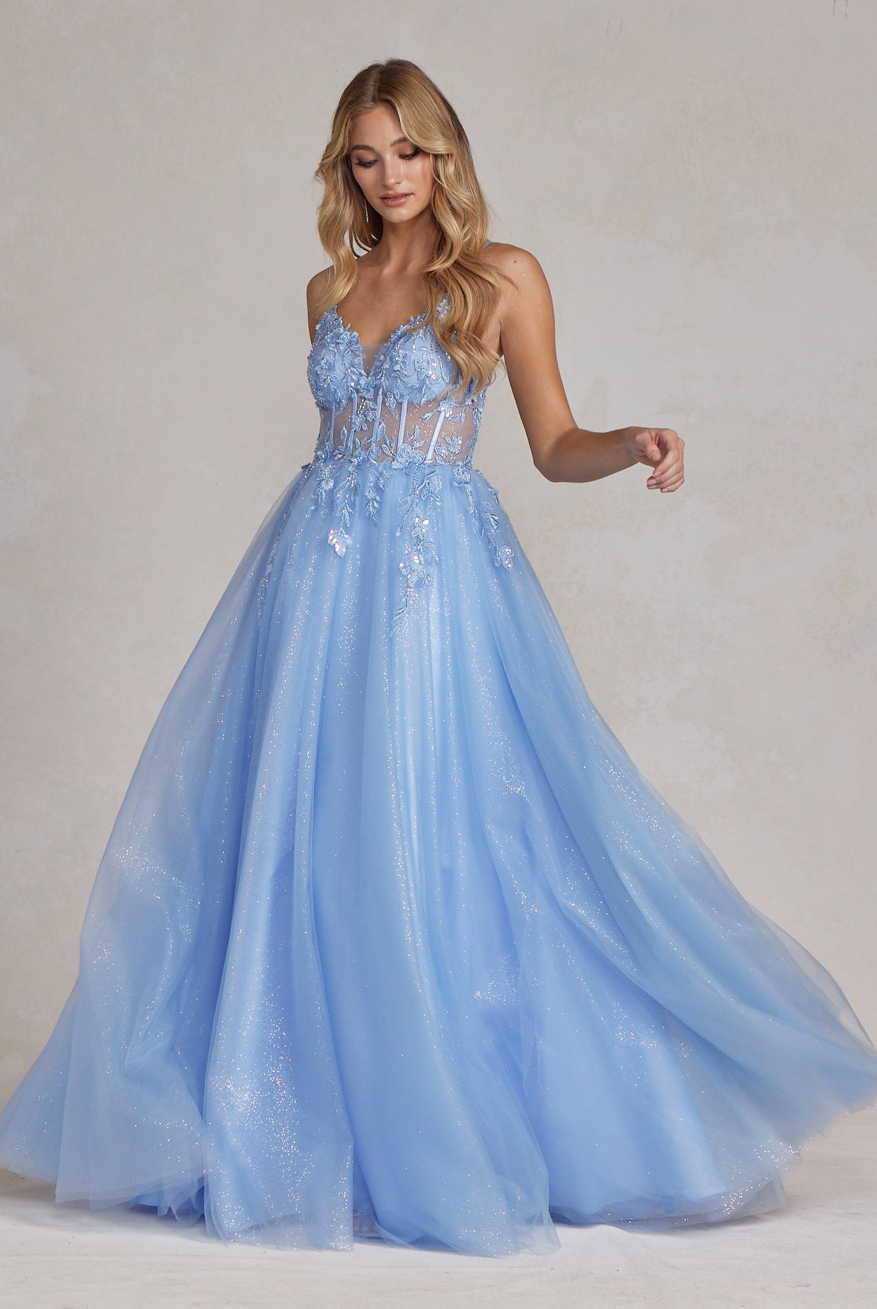 Embroidered Bodice Illusion V-Neck Spaghetti Straps A-Line Long Prom Dress NXT1083-Prom Dress-smcfashion.com