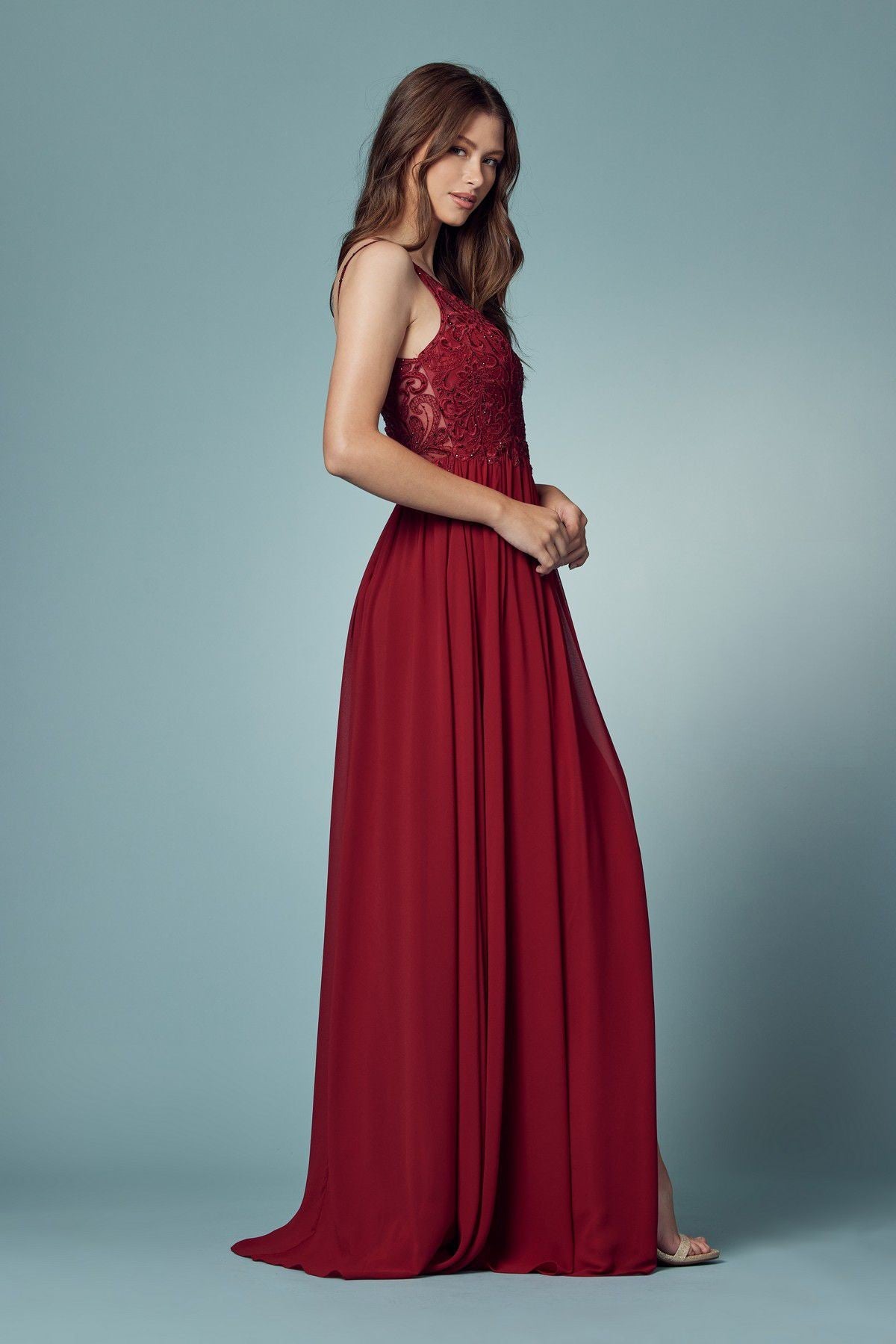 Embroidered Bodice Illusion V-Neck Side Slit Long Bridesmaid Dress NXY299-Bridesmaid Dress-smcfashion.com