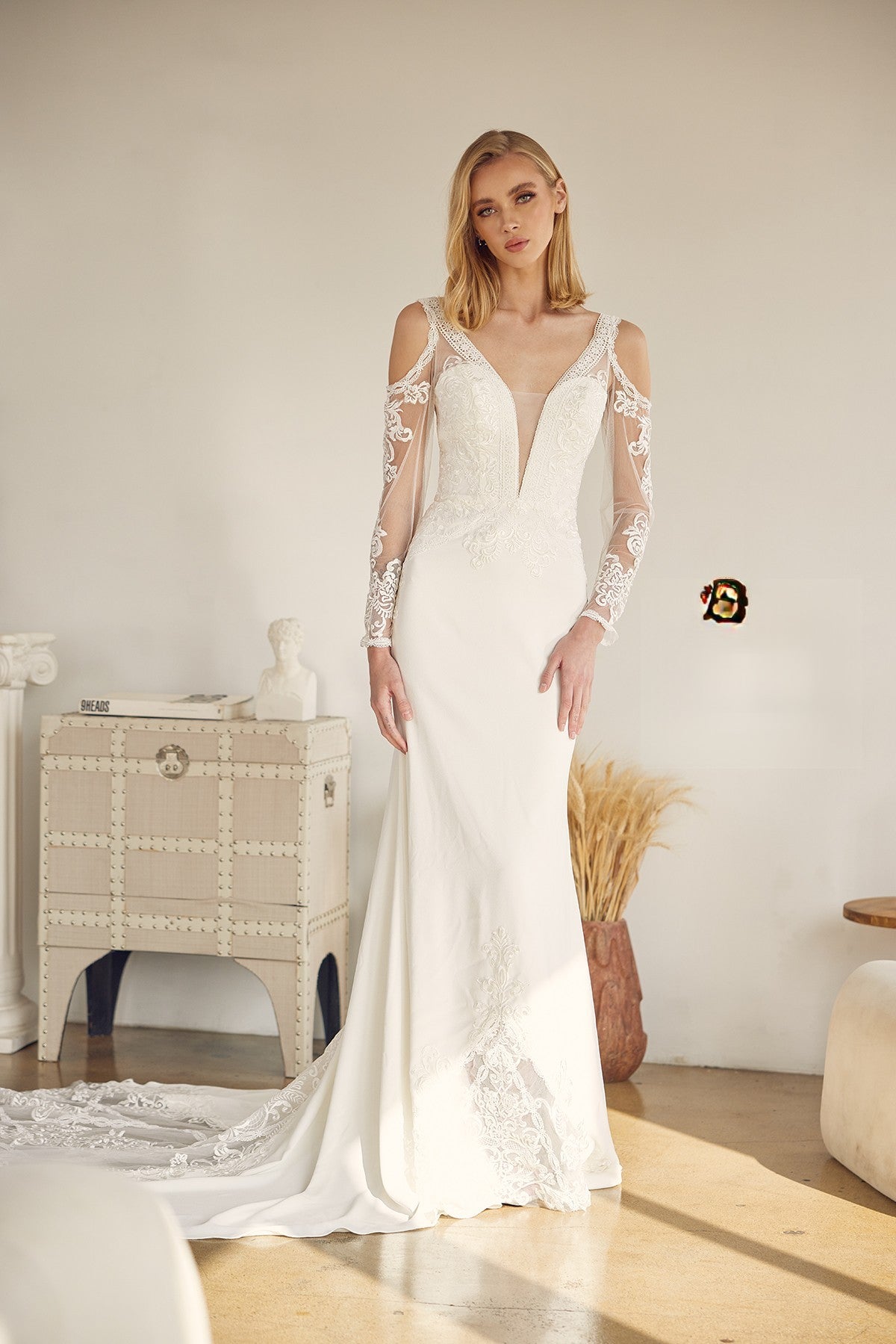 Embroidered Lace Illusion V-Neck Long Wedding Dress NXJE916-Wedding Dress-smcfashion.com