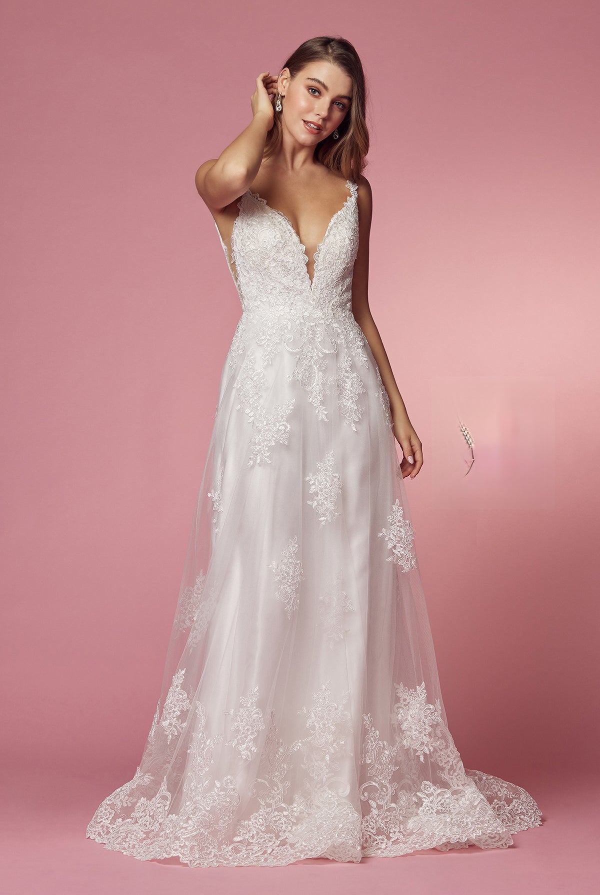 A-Line Classic V-Neck Side Cutouts Laced Straps Long Wedding Dress NXC461-Wedding Dress-smcfashion.com