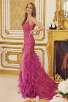 Embellished Feather Skirt V-Neck Open V-Back Side Slit Long Prom Dress NXC1119-Prom Dress-smcfashion.com