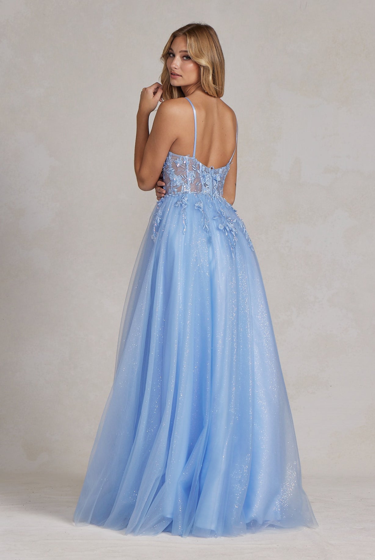 Embroidered Bodice Illusion V-Neck Spaghetti Straps A-Line Long Prom Dress NXT1083-Prom Dress-smcfashion.com