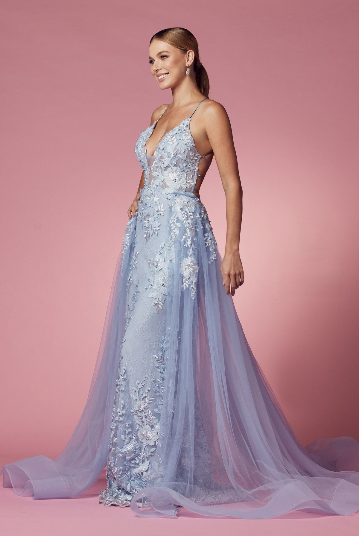 Embroidered Lace Illusion V-Neck Tulle Skirt Long Prom Dress NXF485-All Dresses-smcfashion.com
