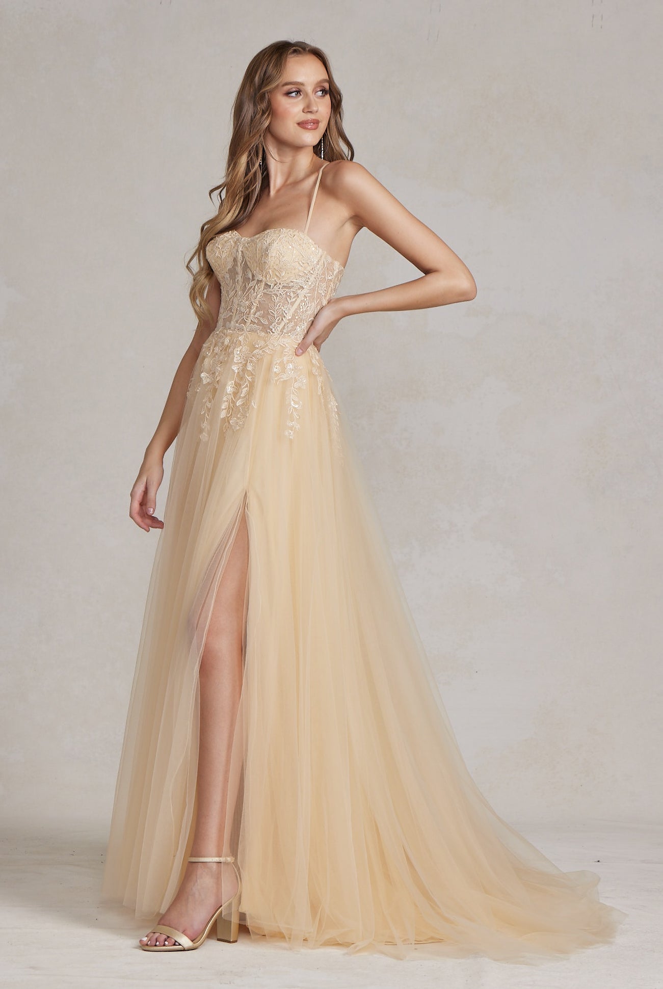 Embroidered Bodice Side Slit Tulle Skirt Long Prom Dress NXJ1089-Prom Dress-smcfashion.com