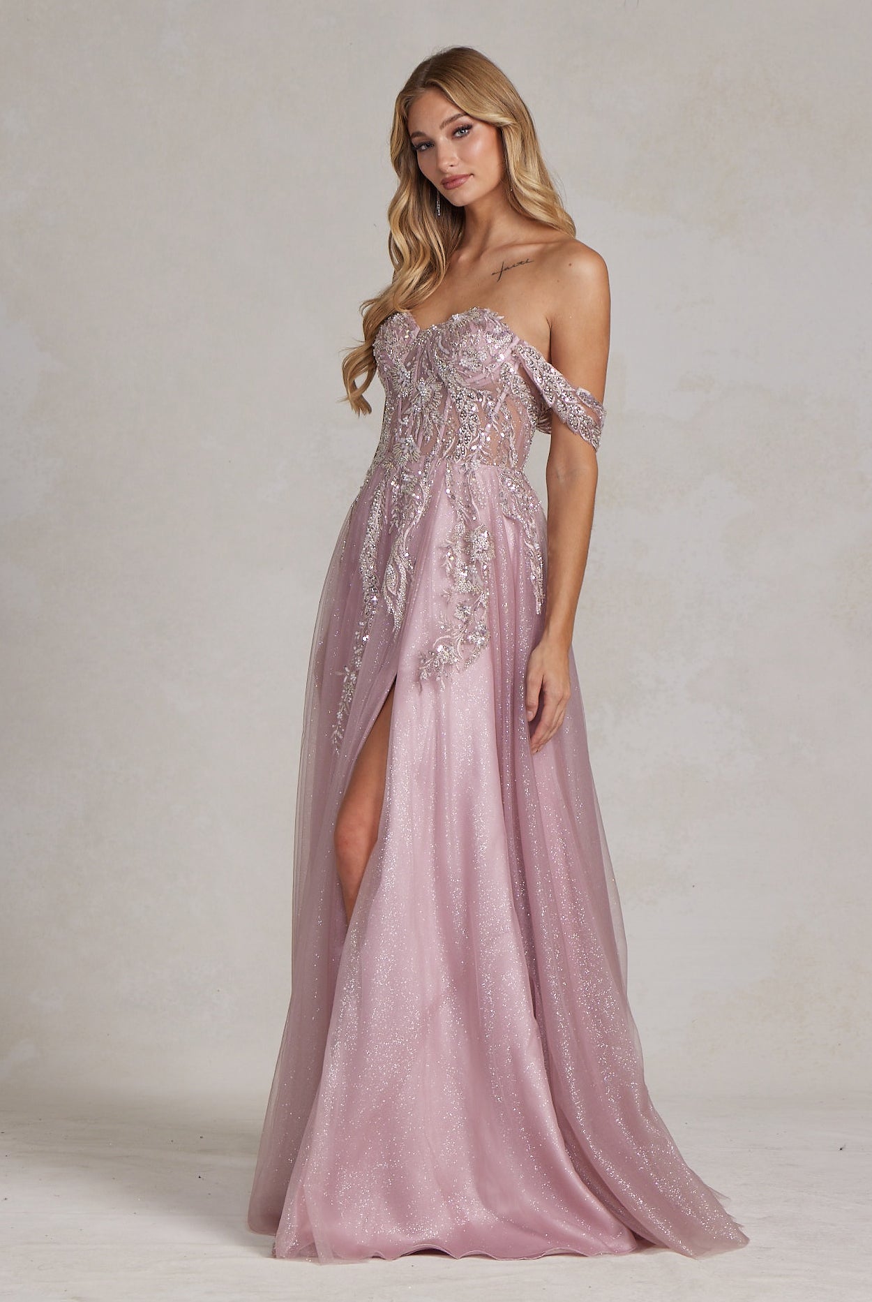 Off Shoulder Side Slit A-Line Tulle Skirt Long Prom Dress NXE1128-Prom Dress-smcfashion.com