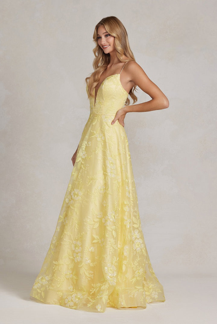 Embroidered Lace A-Line Deep Illusion V-Neck Open Back Long Prom Dress NXE1175-Prom Dress-smcfashion.com