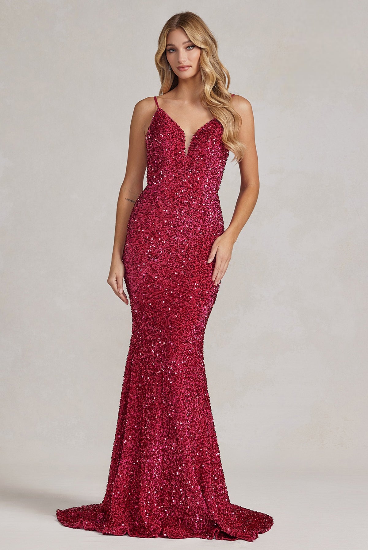 Mermaid Embroidered Sequins Sleeveless Open V-Back Long Evening Dress NXR1071-Evening Dress-smcfashion.com