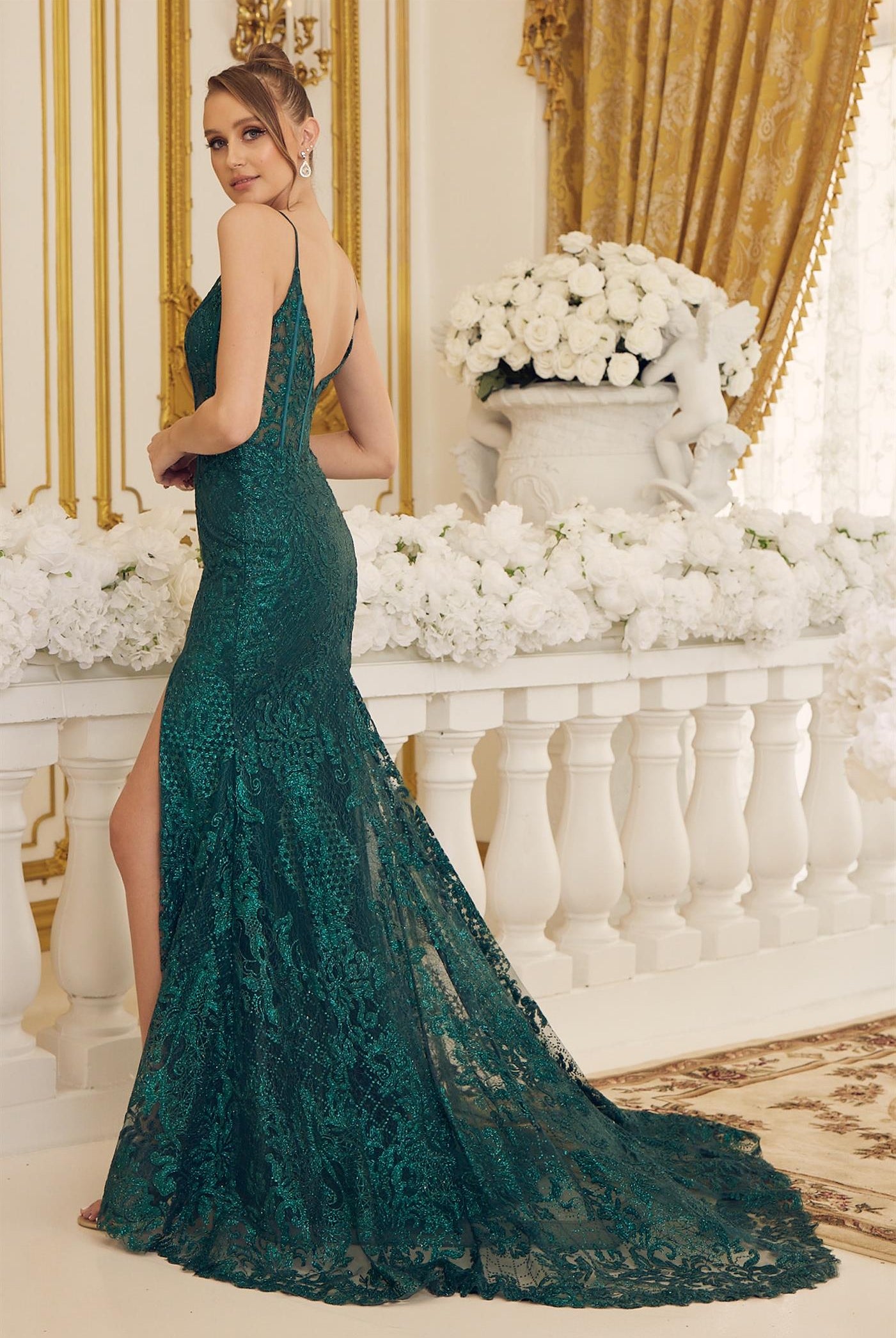 Side Slit Embroidered Lace Bodice Open V-Back Long Prom Dress NXC1100-Prom Dress-smcfashion.com