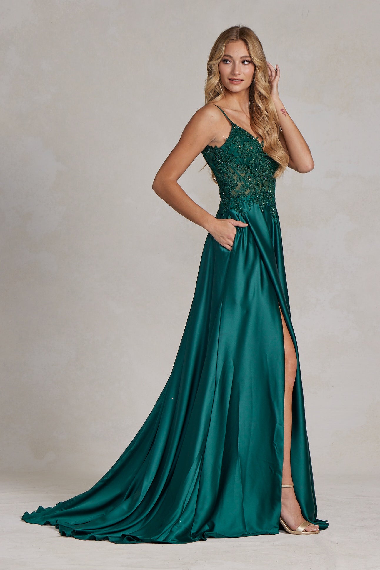 Embroidered Lace Bodice Open V-Back Satin Skirt Long Prom Dress NXK1121-Prom Dress-smcfashion.com