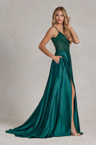 Embroidered Lace Bodice Open V-Back Satin Skirt Long Prom Dress NXK1121-Prom Dress-smcfashion.com