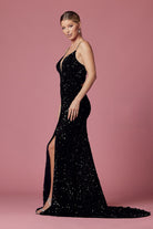 Plunging Neckline Fitted Bodice Velvet Sequince Trumpet Long Prom Dress NXR433-Prom Dress-smcfashion.com