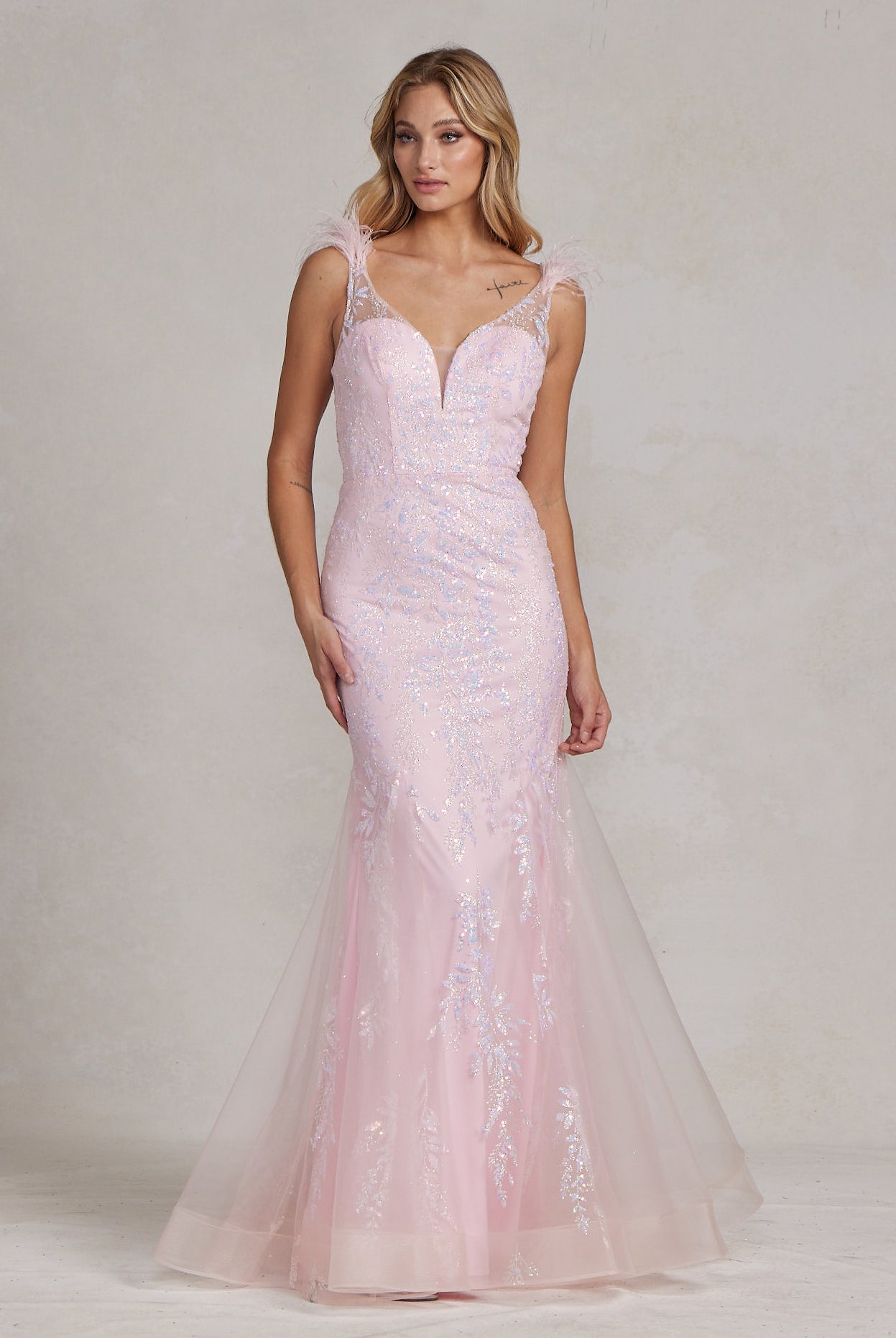 Illusion Sweetheart Straps Mermaid Feather Embellished Long Prom Dress NXT1208-Prom Dress-smcfashion.com