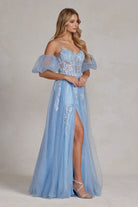 Short Sleeves Embroidered Glitter Side Slit Long Prom Dress NXE1173-Prom Dress-smcfashion.com