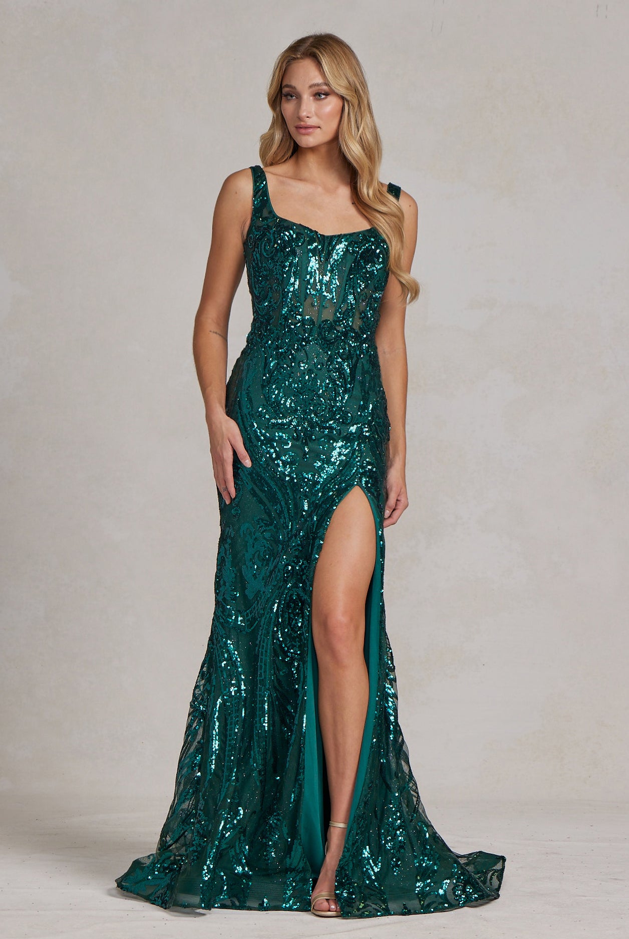 Embroidered Sequins Square Neck Side Slit Long Prom Dress NXC1103-Prom Dress-smcfashion.com