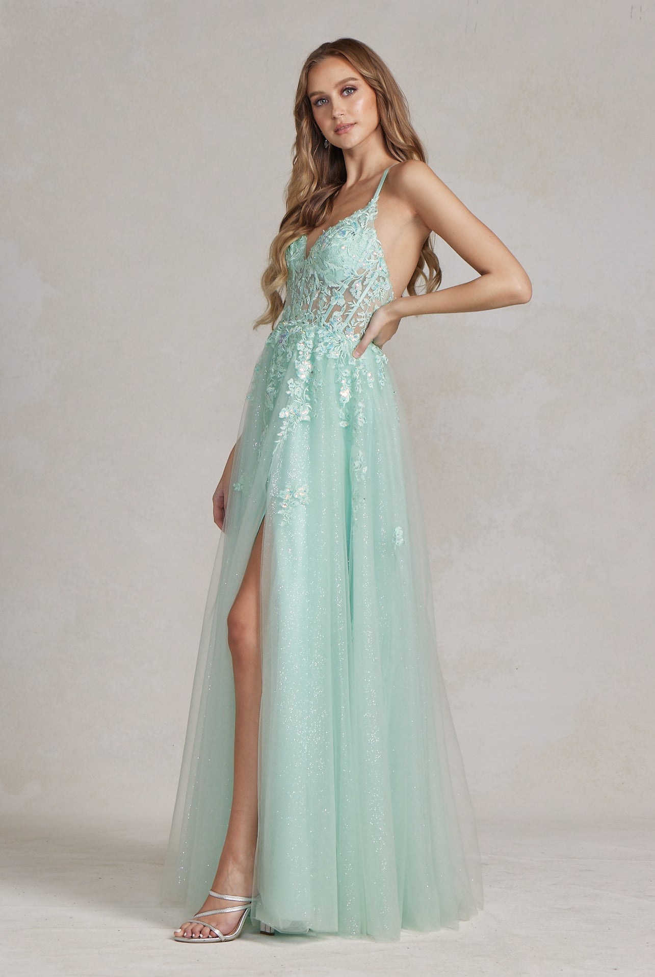 Embellished Applique V-Neck Side Slit Tulle Skirt Long Prom Dress NXT1081-All Dresses, Prom-smcfashion.com