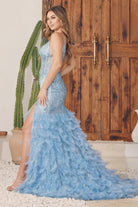 Embellished Feather Skirt V-Neck Open V-Back Side Slit Long Prom Dress NXC1119-Prom Dress-smcfashion.com