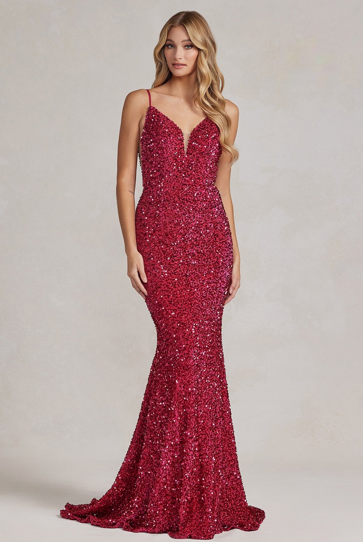 Mermaid Embroidered Sequins Sleeveless Open V-Back Long Evening Dress NXR1071-Evening Dress-smcfashion.com