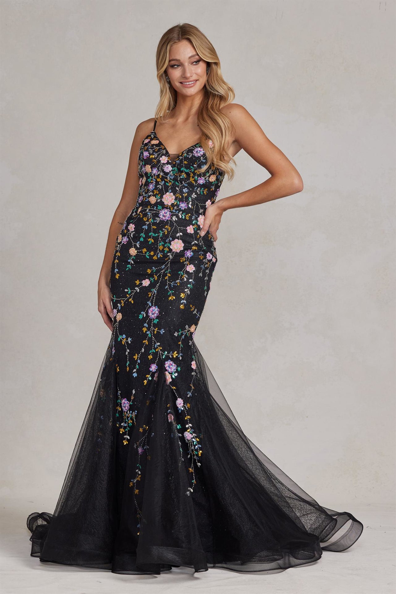 Mermaid Open Criss Cross Back Embroidered Flower Lace Long Prom Dress NXC1117-Prom Dress-smcfashion.com