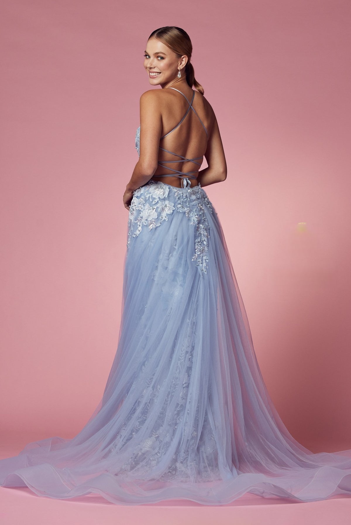 Embroidered Lace Illusion V-Neck Tulle Skirt Long Prom Dress NXF485-All Dresses-smcfashion.com