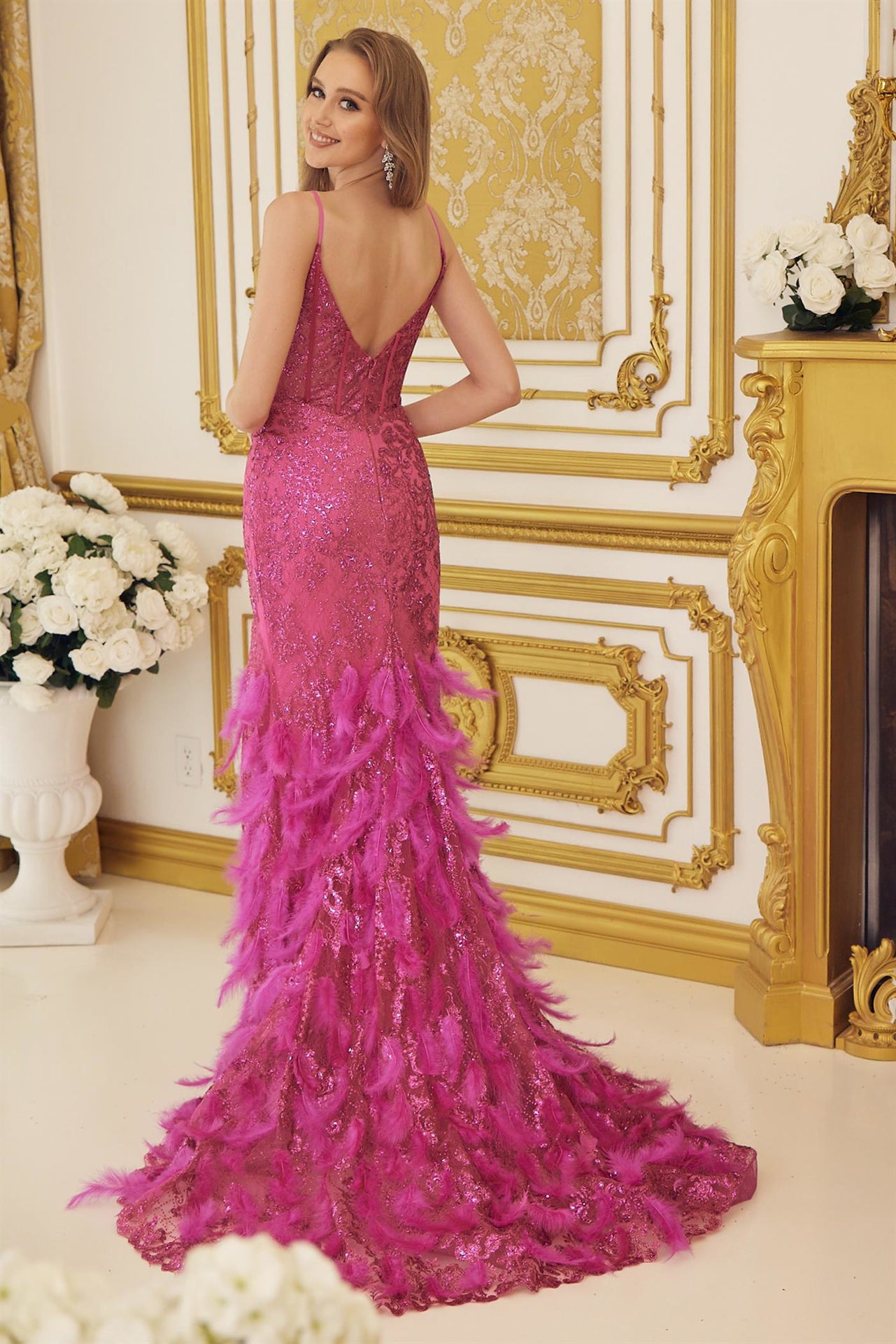 Embellished Feather Skirt V-Neck Open V-Back Side Slit Long Prom Dress NXC1119-Prom Dress-smcfashion.com