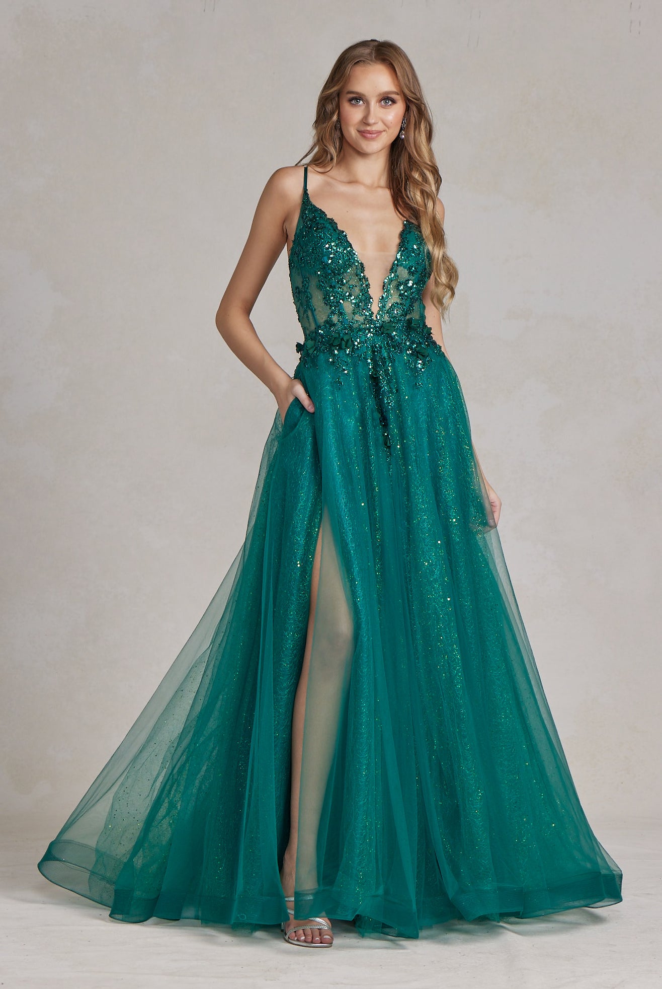 Tulle Skirt Embroidered Lace Open Criss Cross Back Long Prom Dress NXC1113-Prom Dress-smcfashion.com
