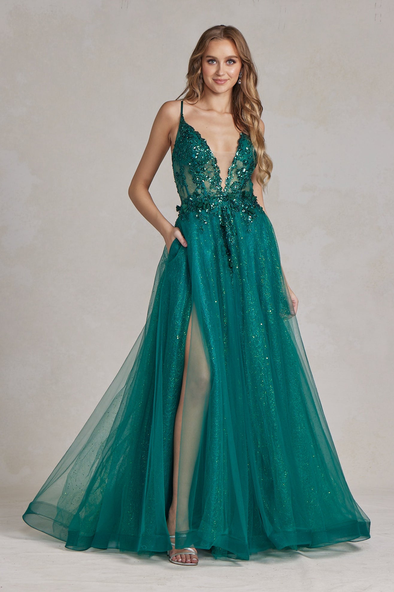 Tulle Skirt Embroidered Lace Open Criss Cross Back Long Prom Dress NXC1113-Prom Dress-smcfashion.com