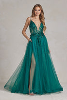 Tulle Skirt Embroidered Lace Open Criss Cross Back Long Prom Dress NXC1113-Prom Dress-smcfashion.com