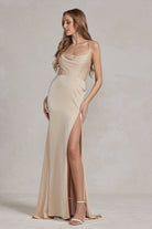 Side Slit Cowl Neck Satin Open Criss Cross Back Long Evening Dress NXE1068-Prom Dress-smcfashion.com