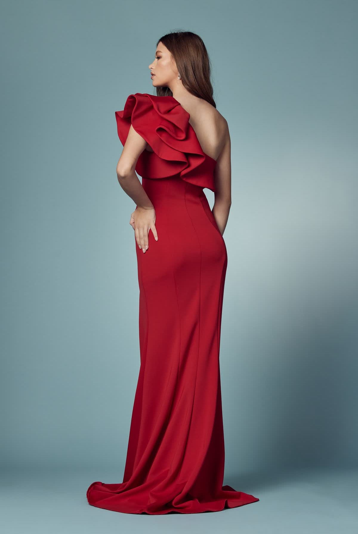 One Shoulder Ruffle Overlay Trumpet Long Prom Dress NXE467-Prom Dress-smcfashion.com