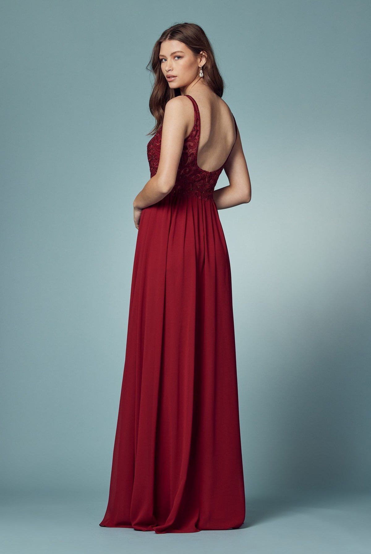 Embroidered Bodice Illusion V-Neck Side Slit Long Bridesmaid Dress NXY299-Bridesmaid Dress-smcfashion.com