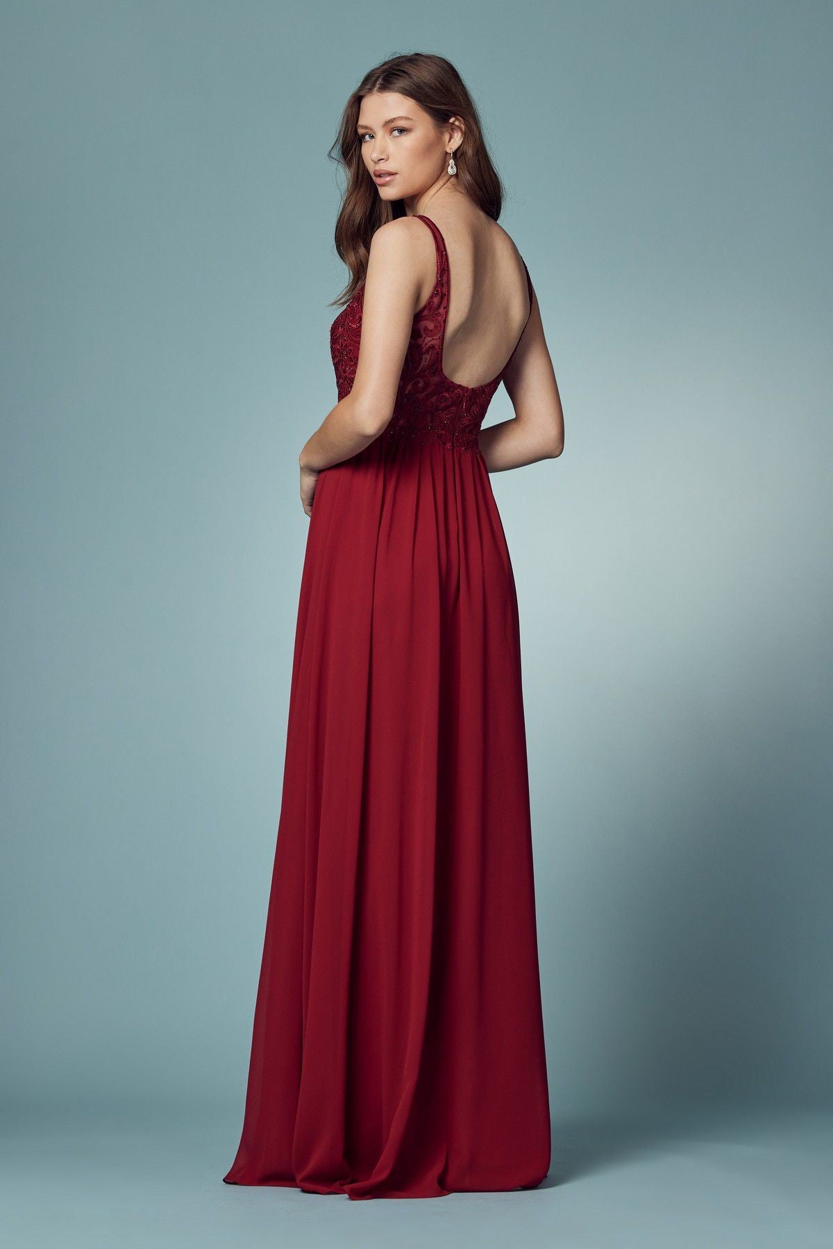 Embroidered Bodice Illusion V-Neck Side Slit Long Bridesmaid Dress NXY299-Bridesmaid Dress-smcfashion.com