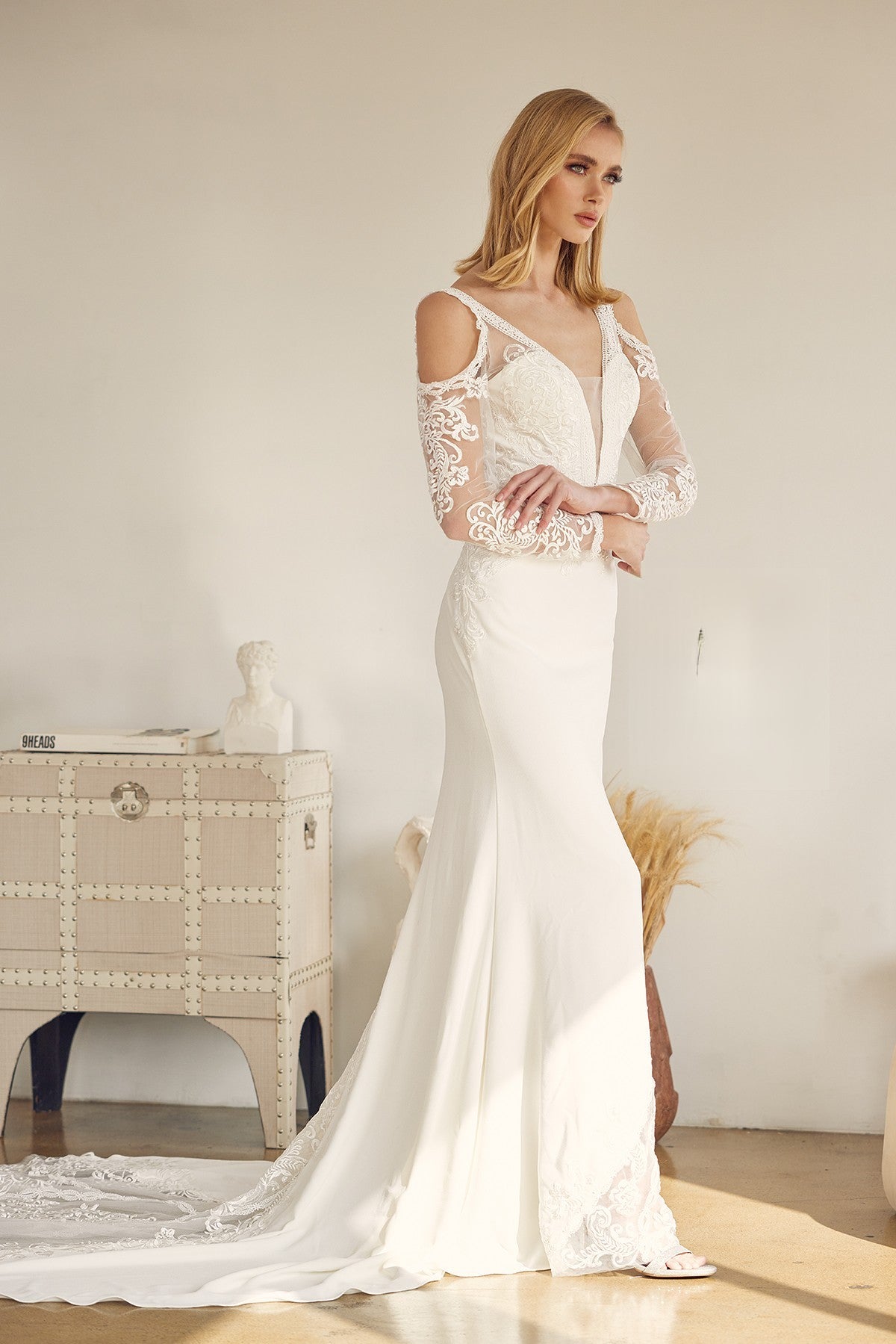 Embroidered Lace Illusion V-Neck Long Wedding Dress NXJE916-Wedding Dress-smcfashion.com