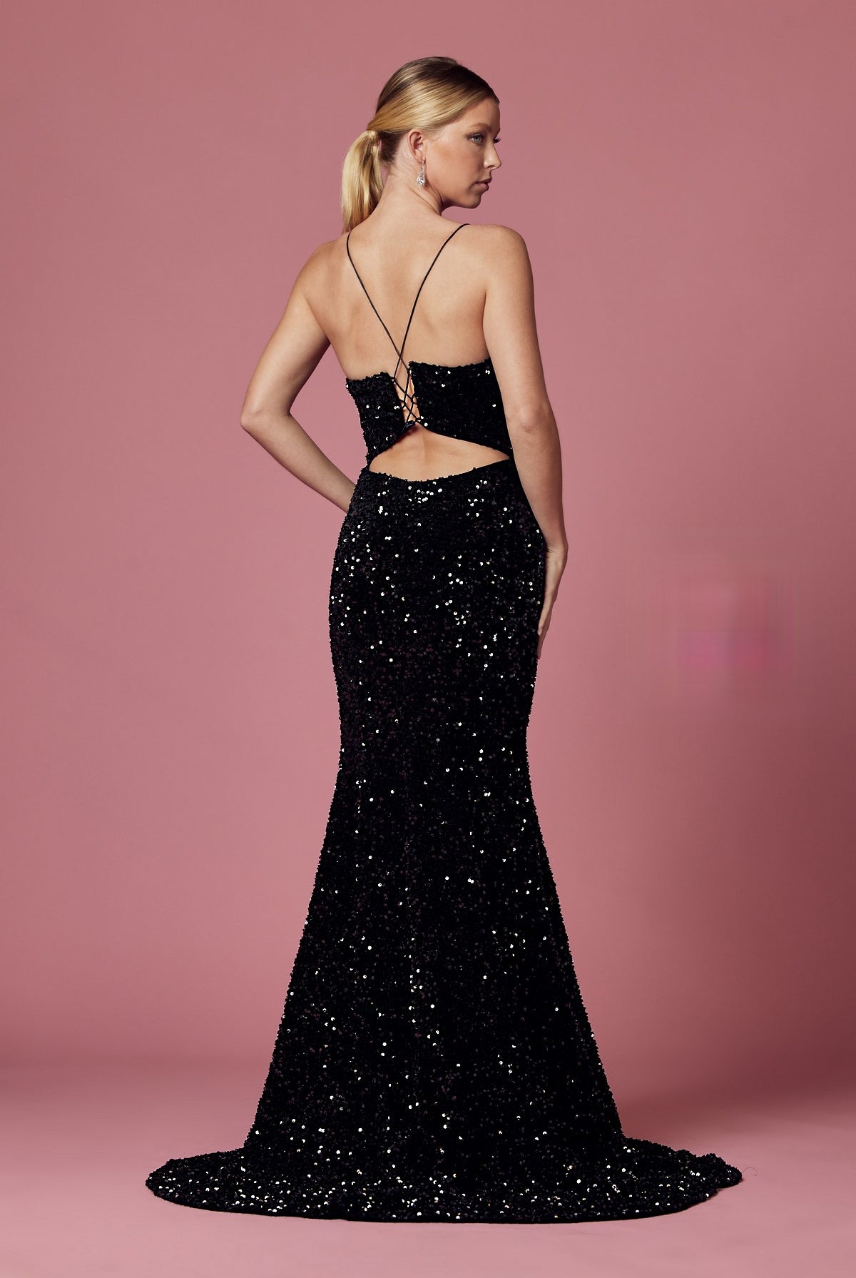 Plunging Neckline Fitted Bodice Velvet Sequince Trumpet Long Prom Dress NXR433-Prom Dress-smcfashion.com