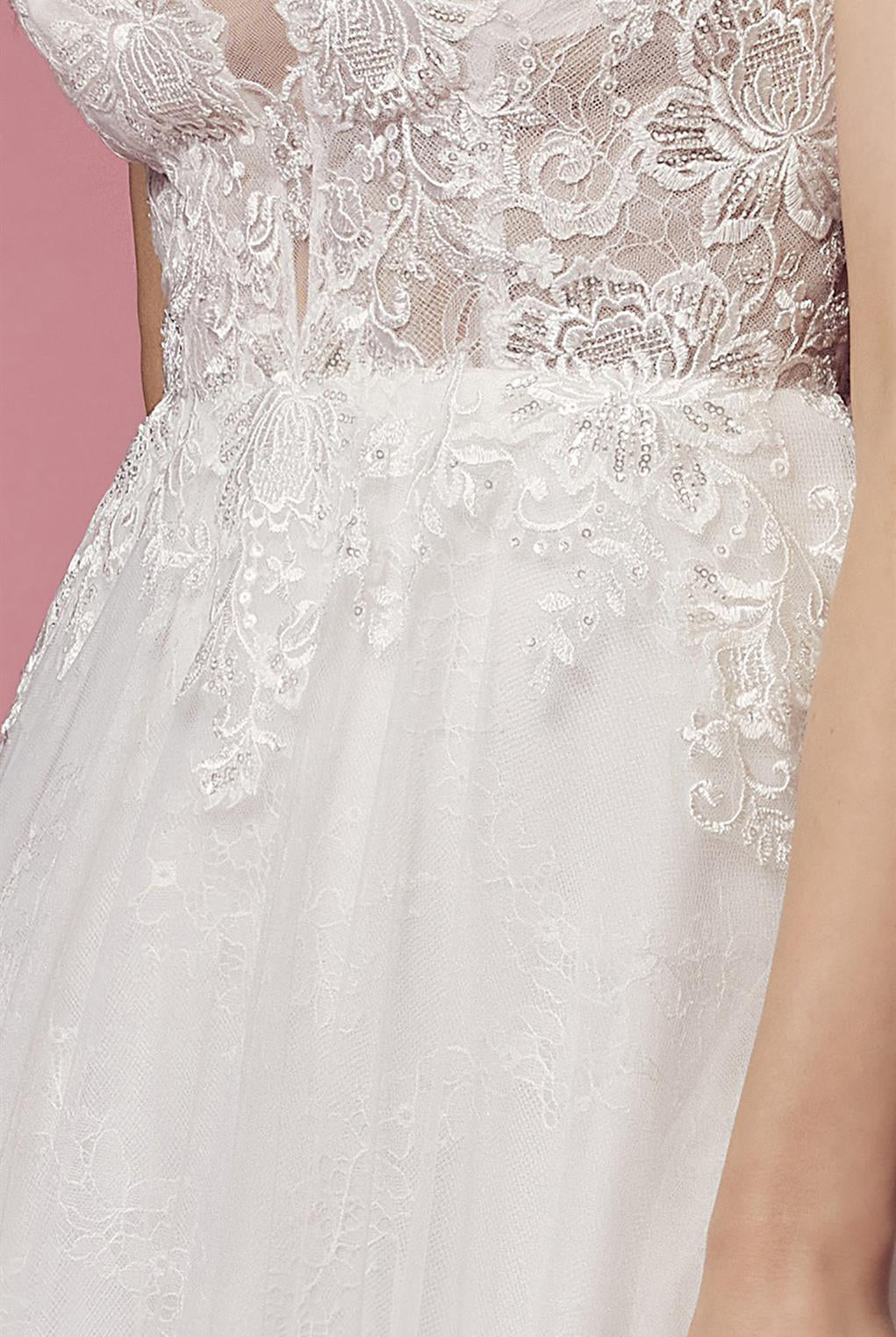 Illusion V-Neck Tulle Skirt A-Line Long Wedding Dress NXJE920-Wedding Dress-smcfashion.com